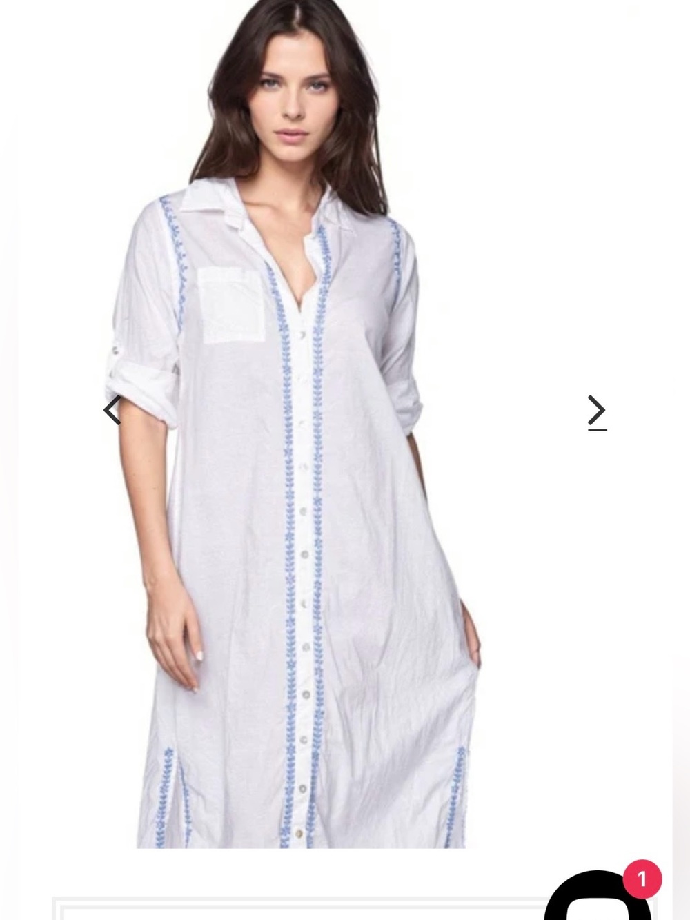 NWT White Button-Front Maxi Shirt Dress with Blue Embroidery